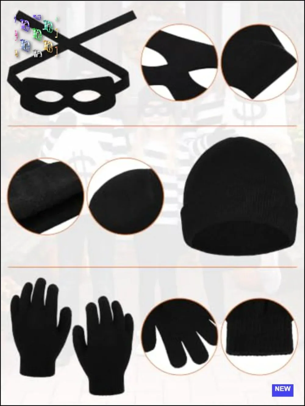 Kids Robber Costume Halloween Striped Tee with Bag Gloves Eye Patch Mask